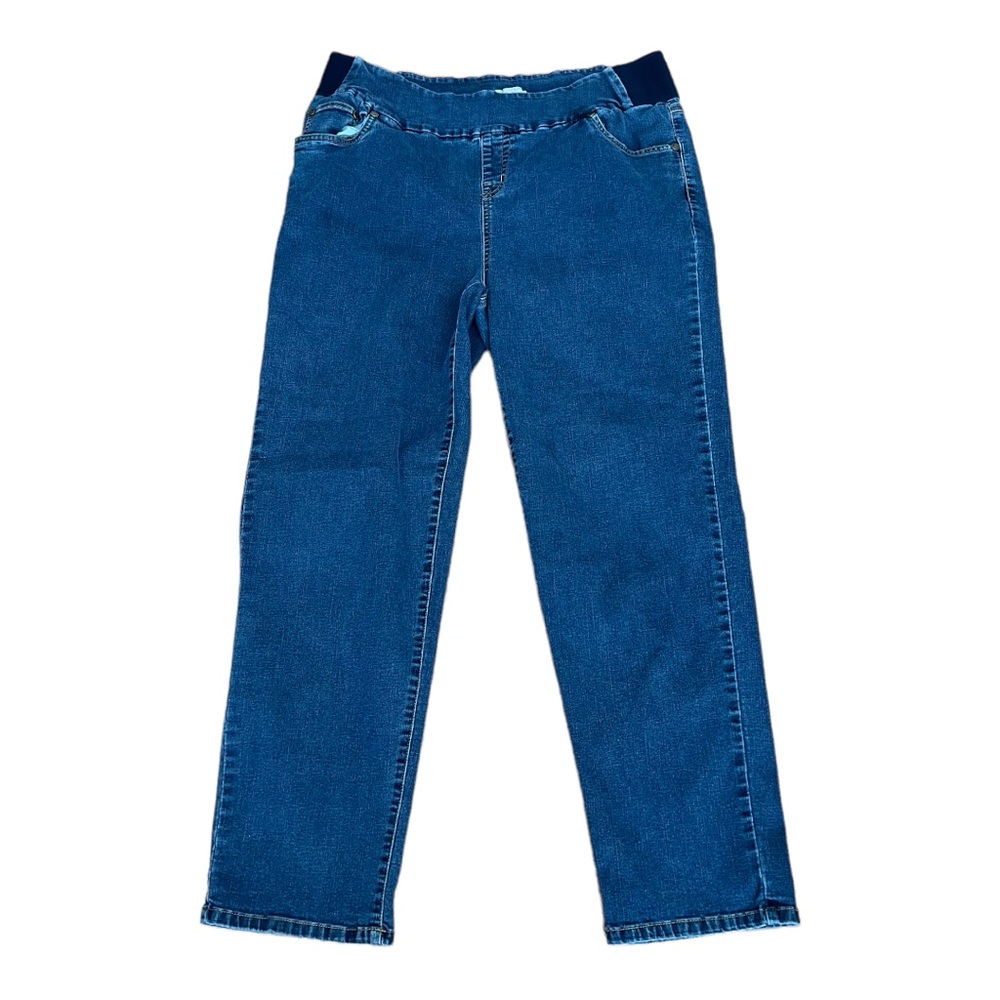 Woman Within Elastic-Waist High-Rise Straight Jeans in Blue with Navy Waistband